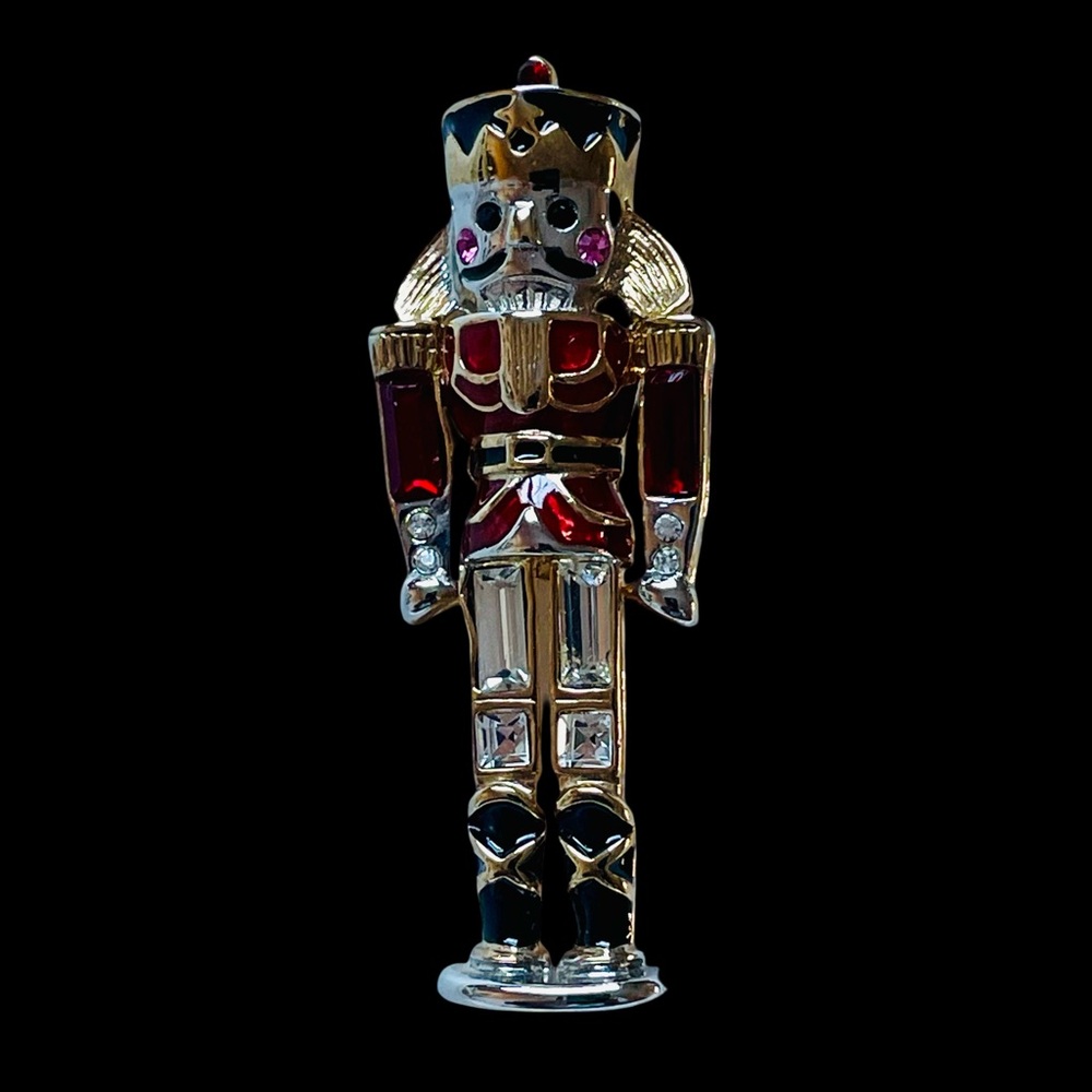 Vintage 80s Signed Monet Gold Plated Nutcracker Brooch With Enamel & Rhinestones